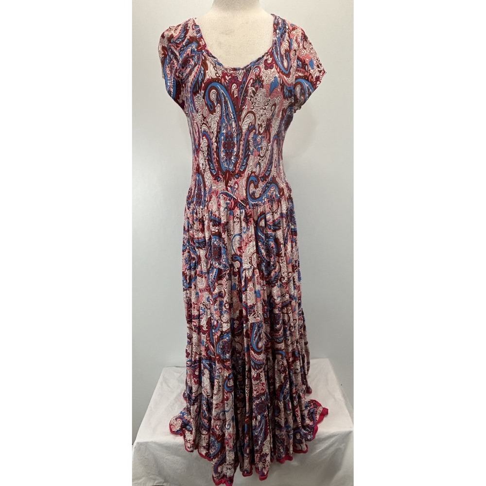 SOFT SURROUNDINGS Dress Womens L Pink Paisley Kara Tiered Maxi Boho Gypsy